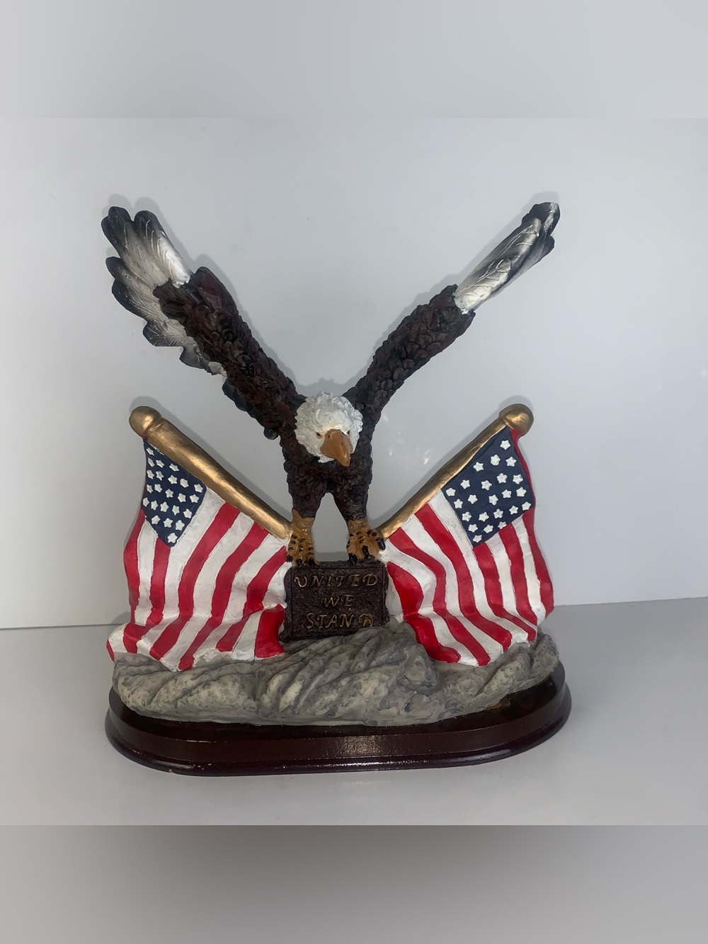 Vintage A. C. Moore Bald Eagle Resin Figurine with American Flags Patriotic Base